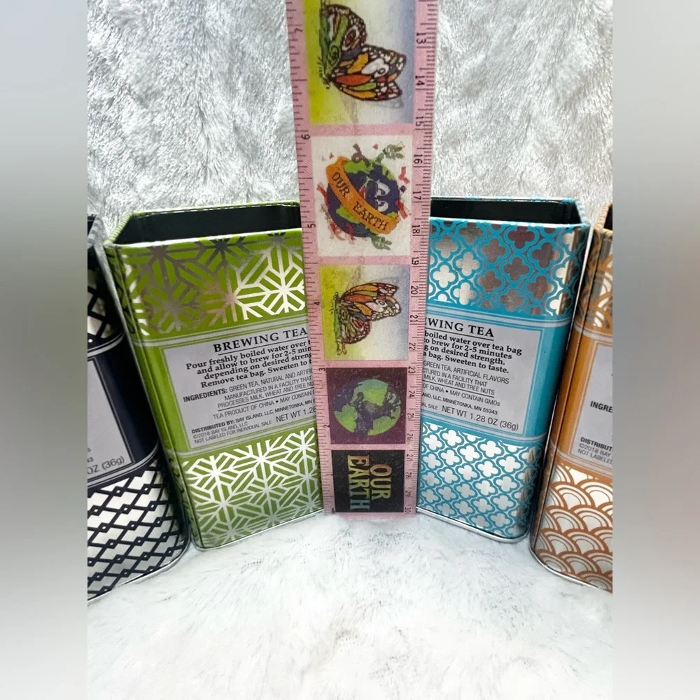 (6) EMPTY METAL TIN TEA BAG CONTAINERS VASES PEN HOLDERS ORGANIZERS NO LIDS